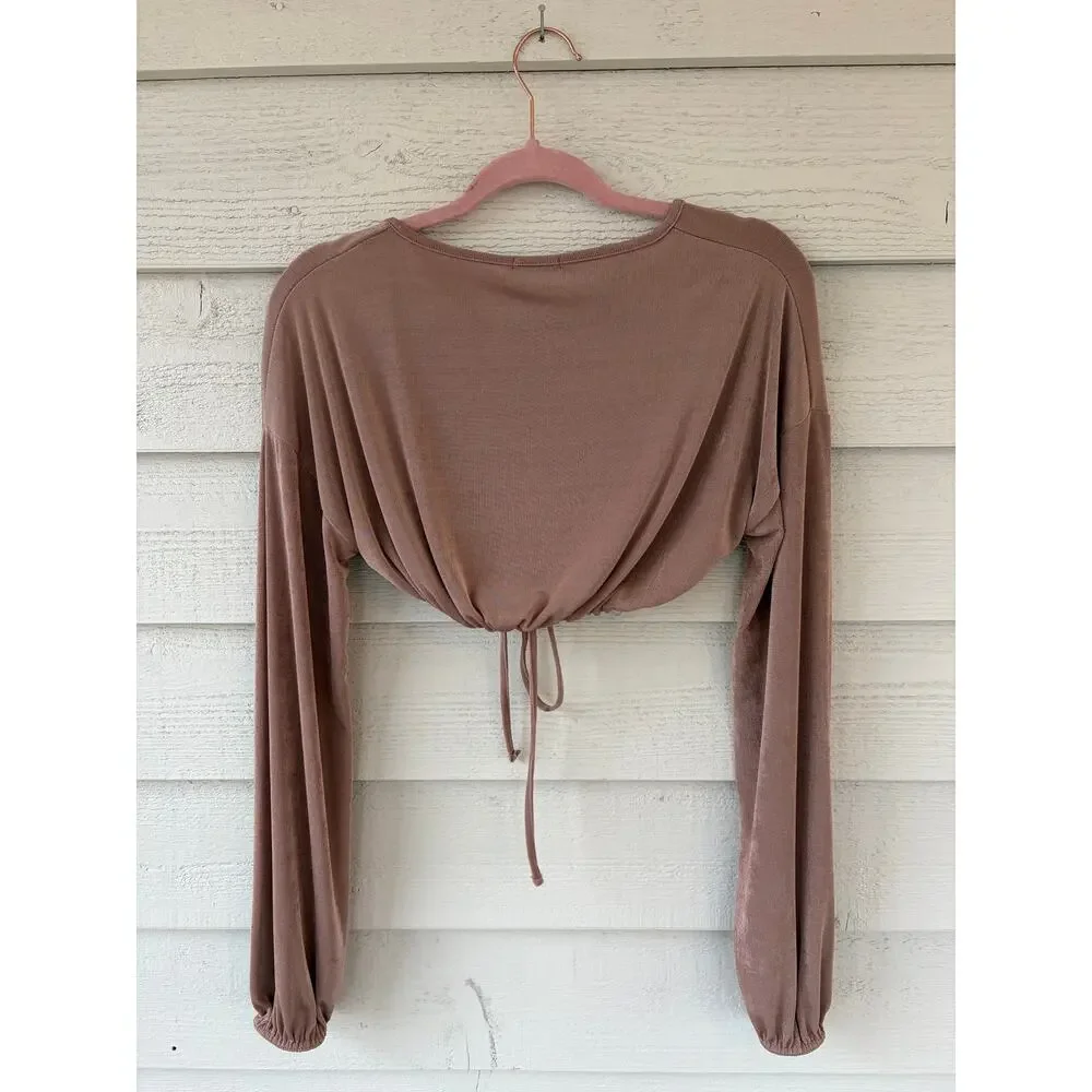 PrettyLittleThing Taupe Ribbed Tie Front Crop Top Long Sleeve Size S - Picture 3 of 4